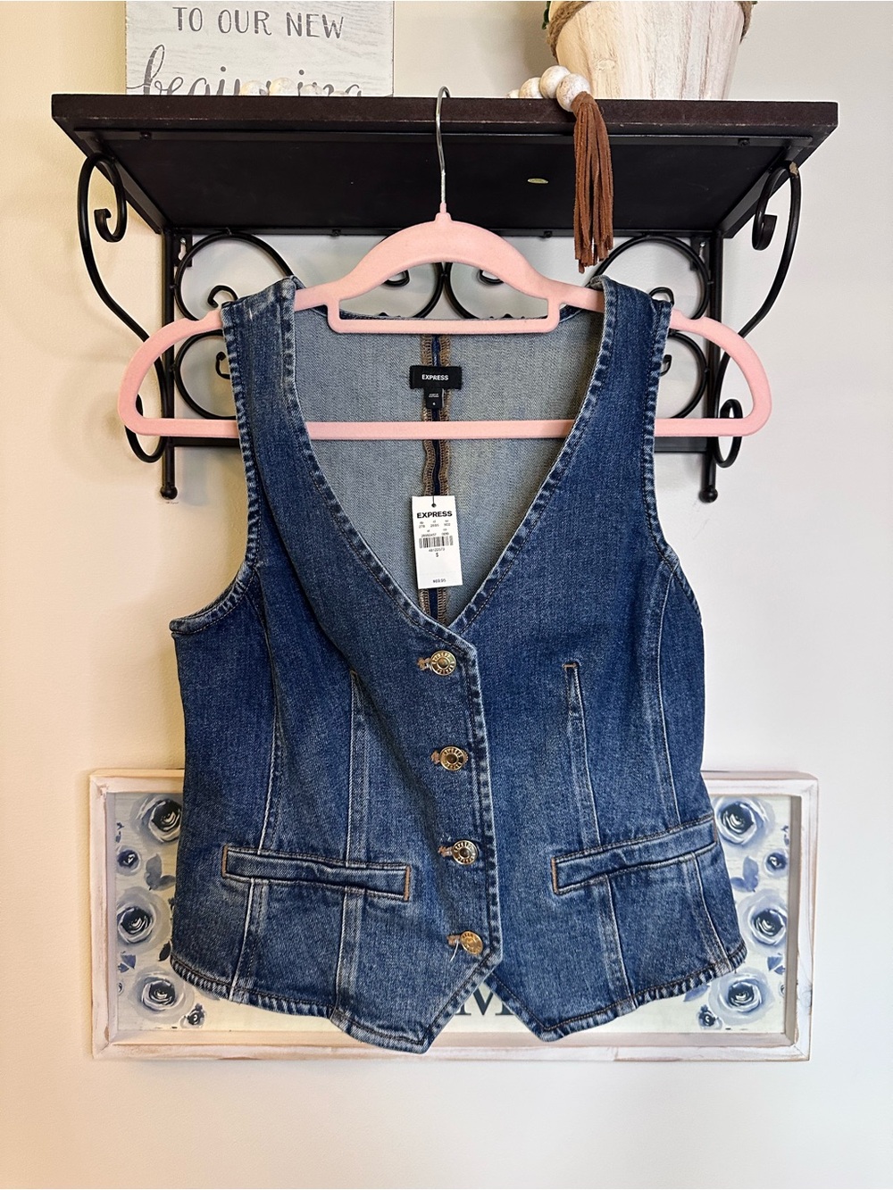 Express Dark Blue Denim Gold Button-Front Vest NWT